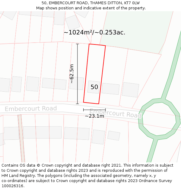 50, EMBERCOURT ROAD, THAMES DITTON, KT7 0LW: Plot and title map