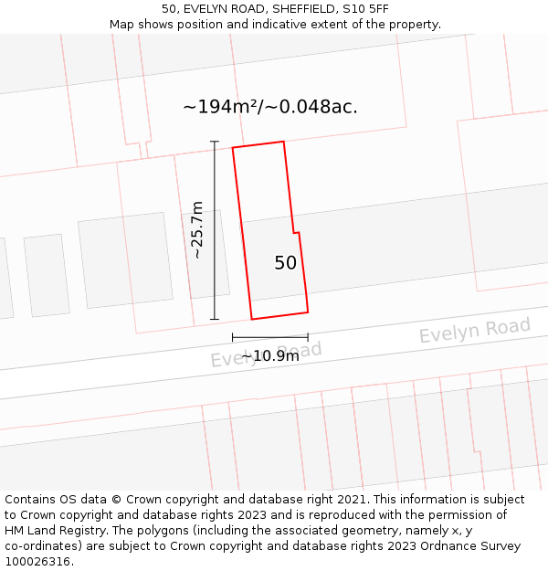 50, EVELYN ROAD, SHEFFIELD, S10 5FF: Plot and title map