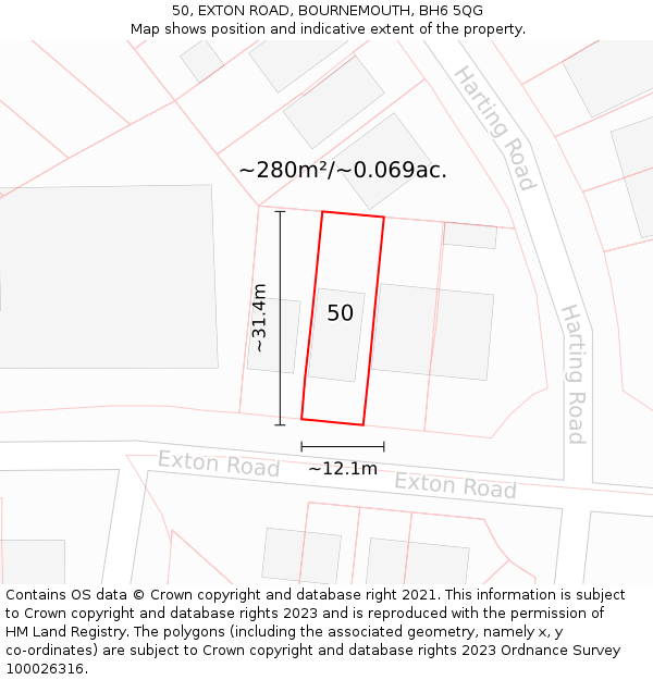 50, EXTON ROAD, BOURNEMOUTH, BH6 5QG: Plot and title map