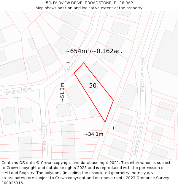 50, FAIRVIEW DRIVE, BROADSTONE, BH18 9AP: Plot and title map