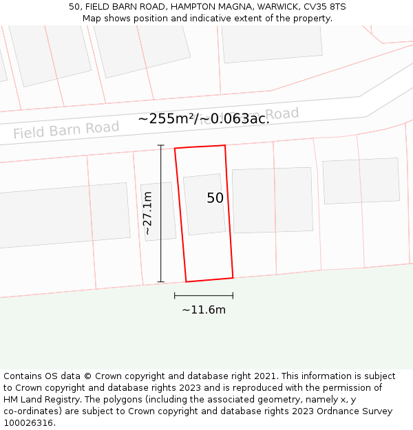 50, FIELD BARN ROAD, HAMPTON MAGNA, WARWICK, CV35 8TS: Plot and title map