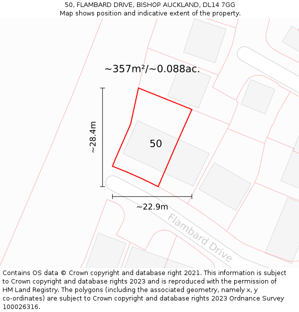 50, FLAMBARD DRIVE, BISHOP AUCKLAND, DL14 7GG: Plot and title map