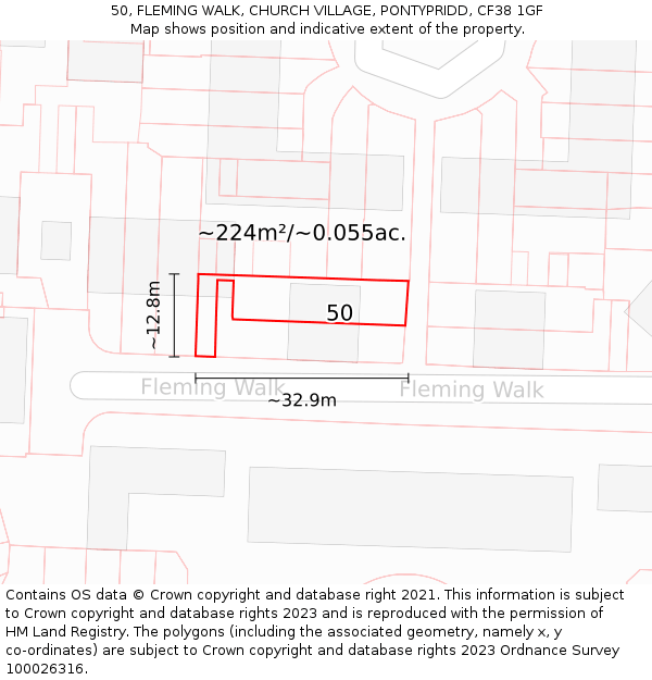 50, FLEMING WALK, CHURCH VILLAGE, PONTYPRIDD, CF38 1GF: Plot and title map
