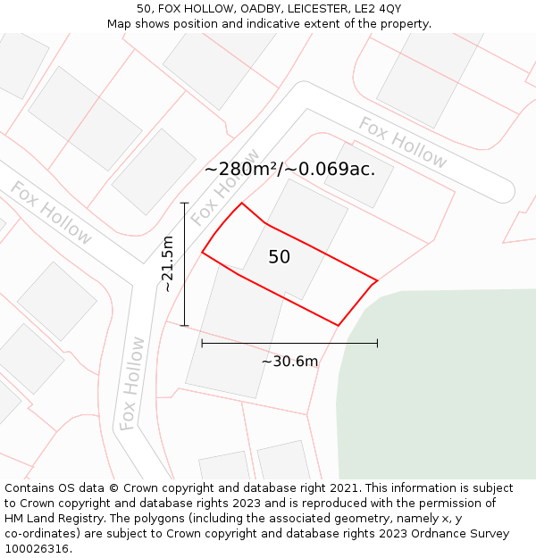 50, FOX HOLLOW, OADBY, LEICESTER, LE2 4QY: Plot and title map