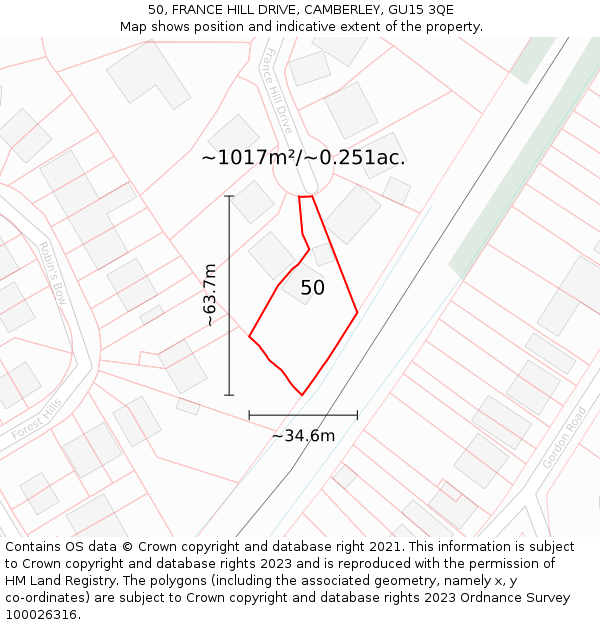 50, FRANCE HILL DRIVE, CAMBERLEY, GU15 3QE: Plot and title map