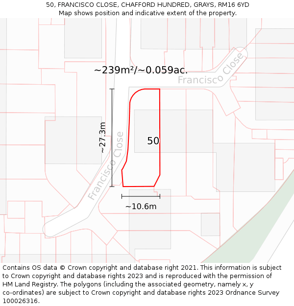 50, FRANCISCO CLOSE, CHAFFORD HUNDRED, GRAYS, RM16 6YD: Plot and title map