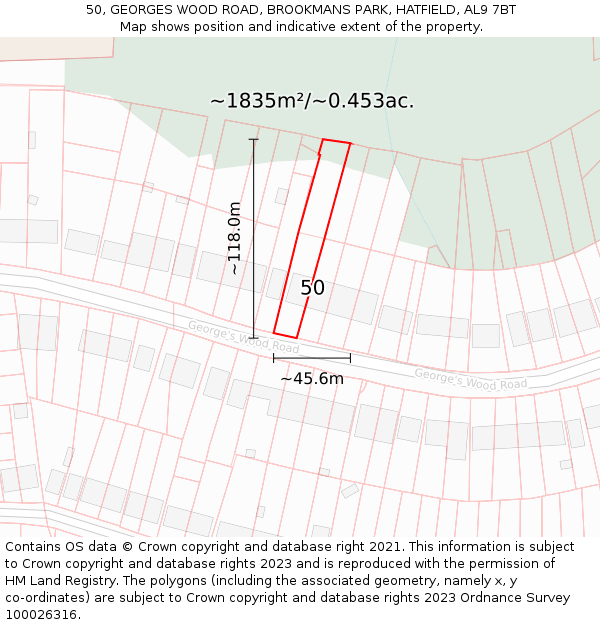 50, GEORGES WOOD ROAD, BROOKMANS PARK, HATFIELD, AL9 7BT: Plot and title map