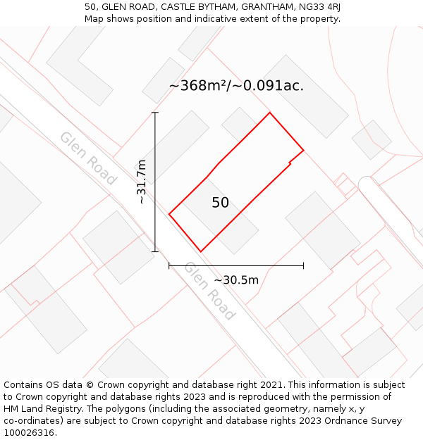 50, GLEN ROAD, CASTLE BYTHAM, GRANTHAM, NG33 4RJ: Plot and title map