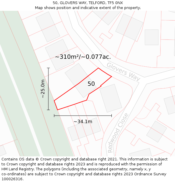 50, GLOVERS WAY, TELFORD, TF5 0NX: Plot and title map