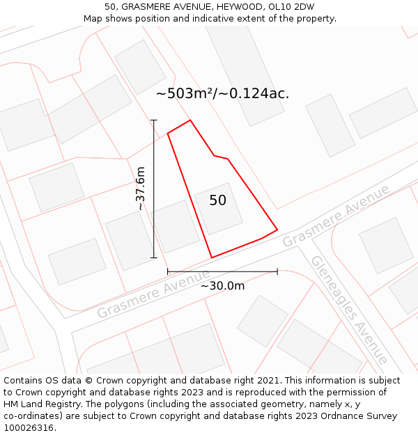 50, GRASMERE AVENUE, HEYWOOD, OL10 2DW: Plot and title map