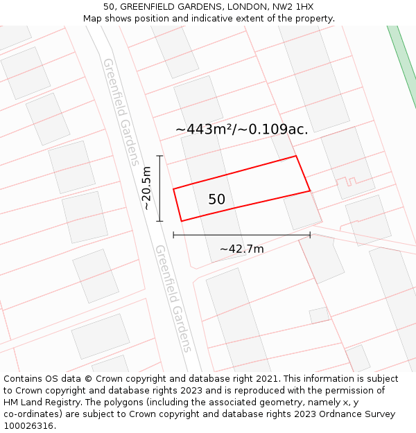 50, GREENFIELD GARDENS, LONDON, NW2 1HX: Plot and title map
