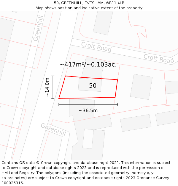 50, GREENHILL, EVESHAM, WR11 4LR: Plot and title map