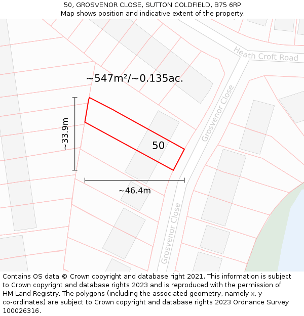 50, GROSVENOR CLOSE, SUTTON COLDFIELD, B75 6RP: Plot and title map