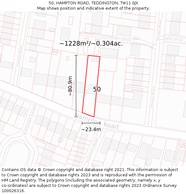 50, HAMPTON ROAD, TEDDINGTON, TW11 0JX: Plot and title map