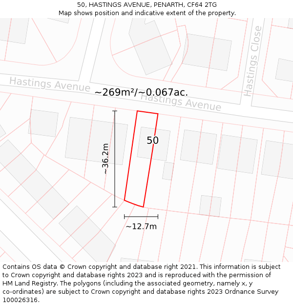 50, HASTINGS AVENUE, PENARTH, CF64 2TG: Plot and title map