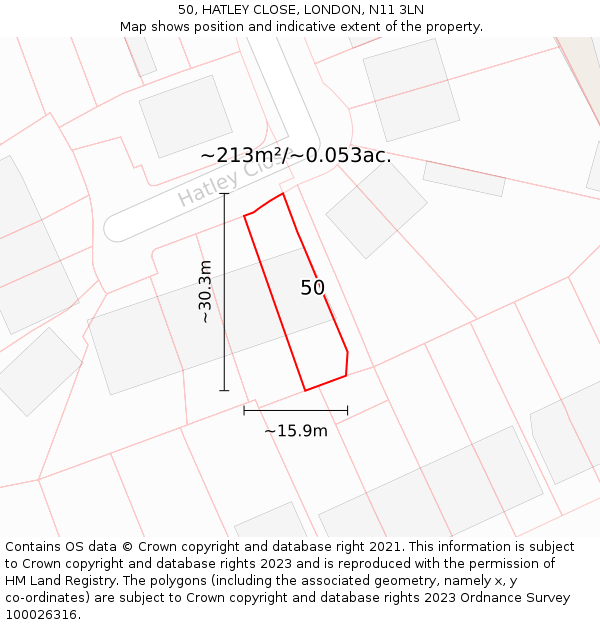 50, HATLEY CLOSE, LONDON, N11 3LN: Plot and title map