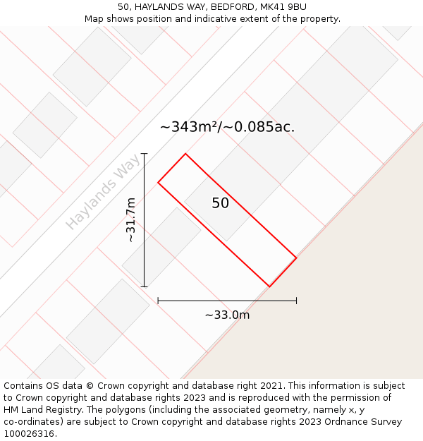 50, HAYLANDS WAY, BEDFORD, MK41 9BU: Plot and title map