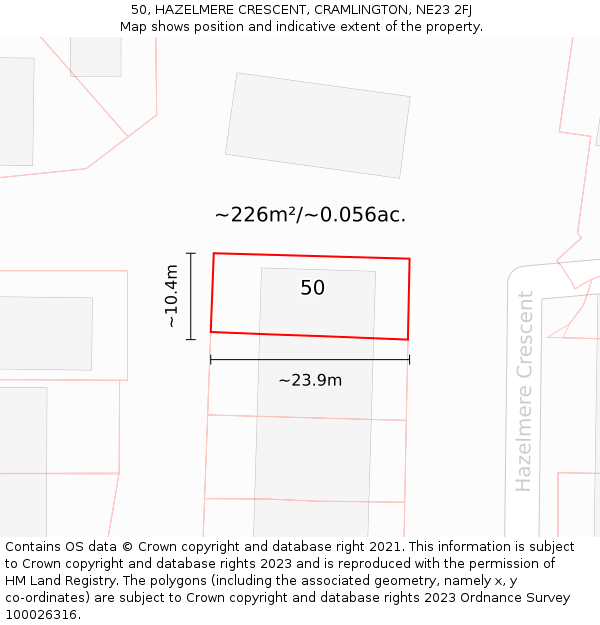 50, HAZELMERE CRESCENT, CRAMLINGTON, NE23 2FJ: Plot and title map