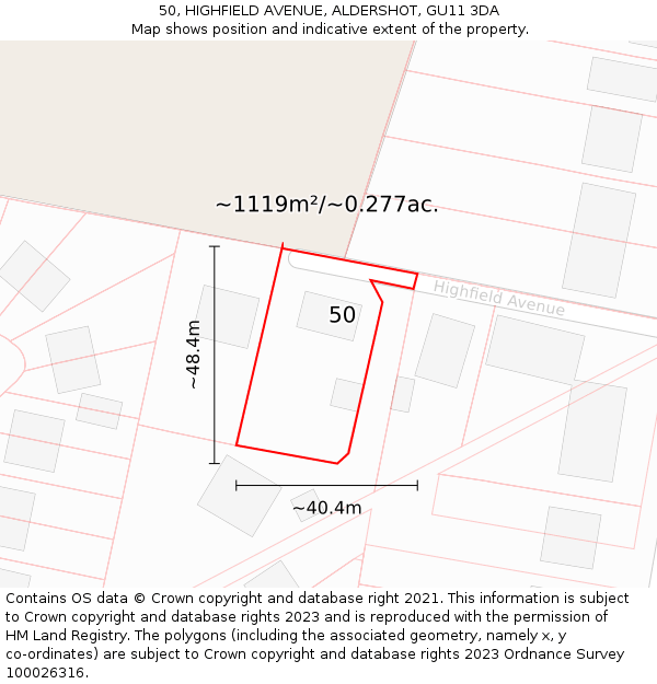 50, HIGHFIELD AVENUE, ALDERSHOT, GU11 3DA: Plot and title map