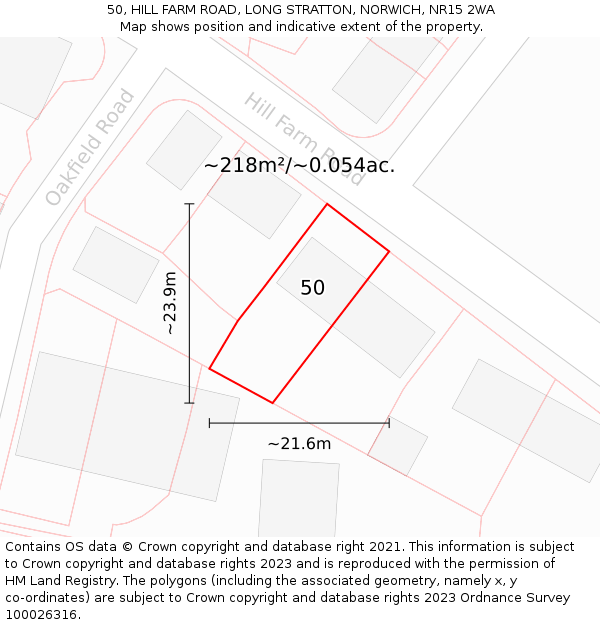 50, HILL FARM ROAD, LONG STRATTON, NORWICH, NR15 2WA: Plot and title map