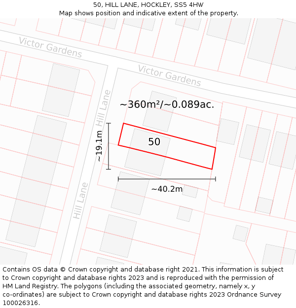 50, HILL LANE, HOCKLEY, SS5 4HW: Plot and title map