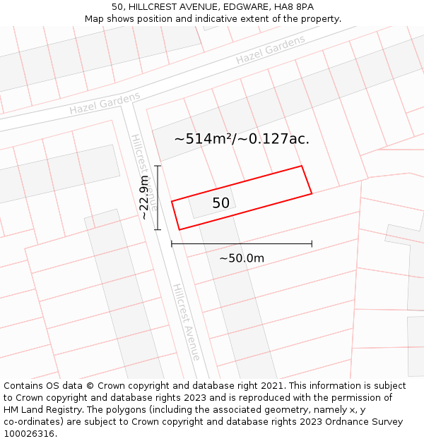 50, HILLCREST AVENUE, EDGWARE, HA8 8PA: Plot and title map
