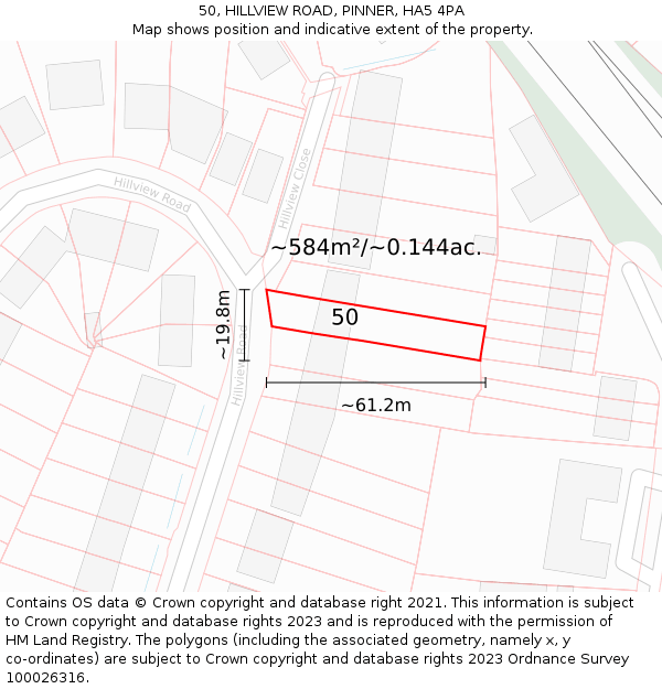50, HILLVIEW ROAD, PINNER, HA5 4PA: Plot and title map