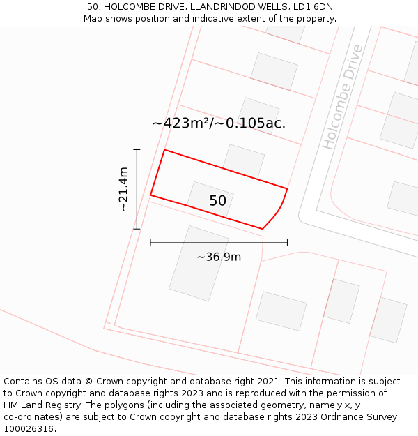 50, HOLCOMBE DRIVE, LLANDRINDOD WELLS, LD1 6DN: Plot and title map