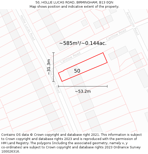 50, HOLLIE LUCAS ROAD, BIRMINGHAM, B13 0QN: Plot and title map