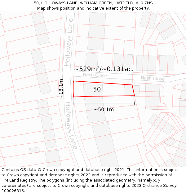 50, HOLLOWAYS LANE, WELHAM GREEN, HATFIELD, AL9 7NS: Plot and title map