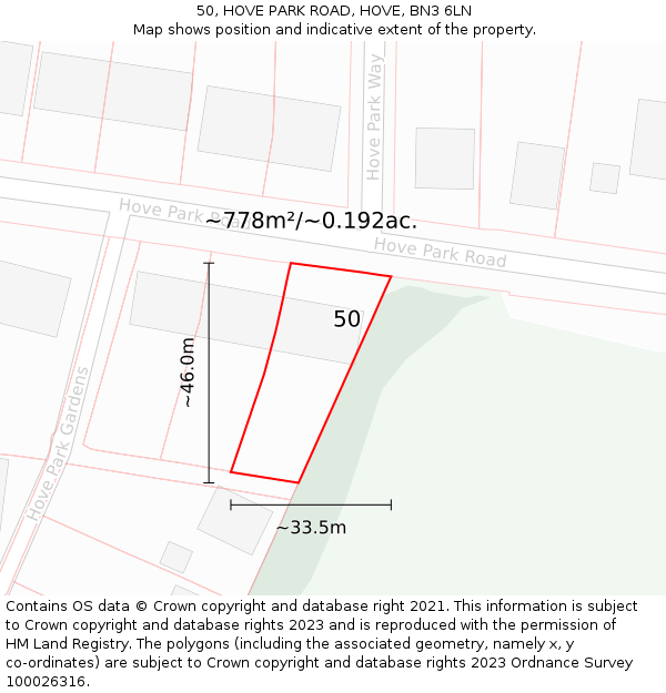 50, HOVE PARK ROAD, HOVE, BN3 6LN: Plot and title map