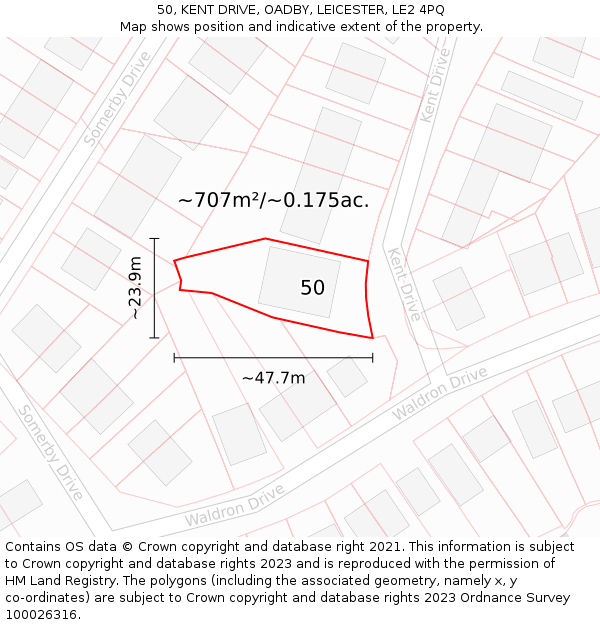 50, KENT DRIVE, OADBY, LEICESTER, LE2 4PQ: Plot and title map