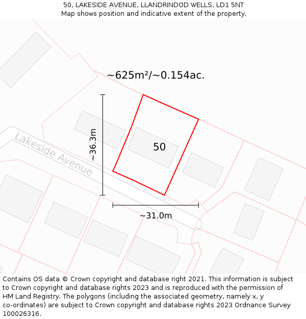 50, LAKESIDE AVENUE, LLANDRINDOD WELLS, LD1 5NT: Plot and title map