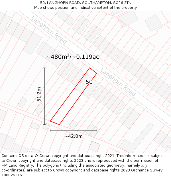 50, LANGHORN ROAD, SOUTHAMPTON, SO16 3TN: Plot and title map