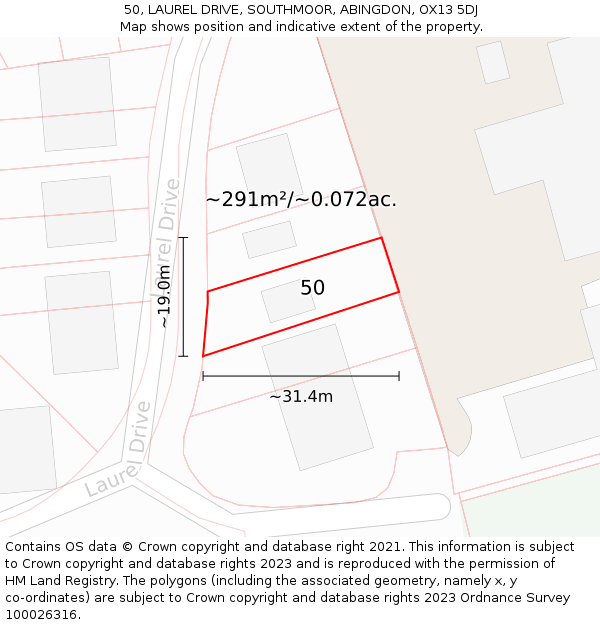 50, LAUREL DRIVE, SOUTHMOOR, ABINGDON, OX13 5DJ: Plot and title map