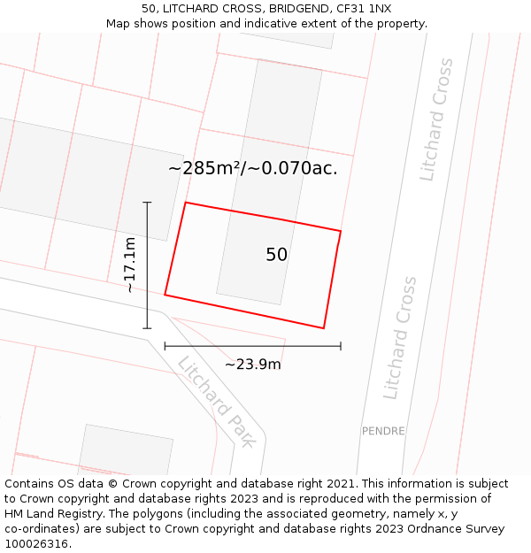 50, LITCHARD CROSS, BRIDGEND, CF31 1NX: Plot and title map