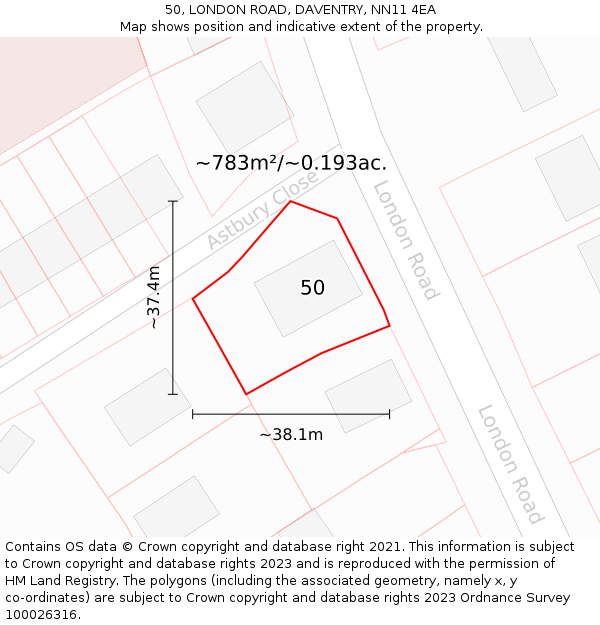 50, LONDON ROAD, DAVENTRY, NN11 4EA: Plot and title map