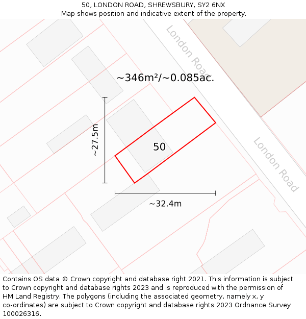 50, LONDON ROAD, SHREWSBURY, SY2 6NX: Plot and title map