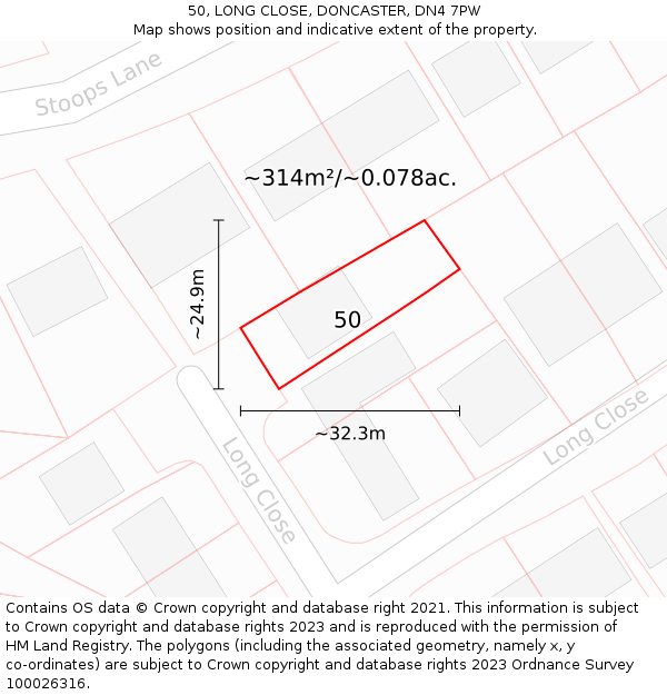 50, LONG CLOSE, DONCASTER, DN4 7PW: Plot and title map