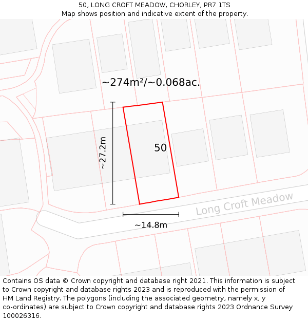 50, LONG CROFT MEADOW, CHORLEY, PR7 1TS: Plot and title map