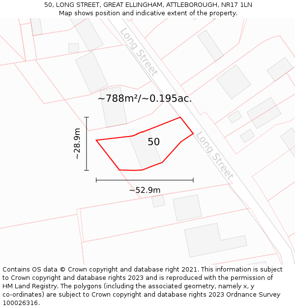 50, LONG STREET, GREAT ELLINGHAM, ATTLEBOROUGH, NR17 1LN: Plot and title map