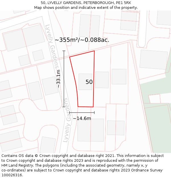 50, LYVELLY GARDENS, PETERBOROUGH, PE1 5RX: Plot and title map