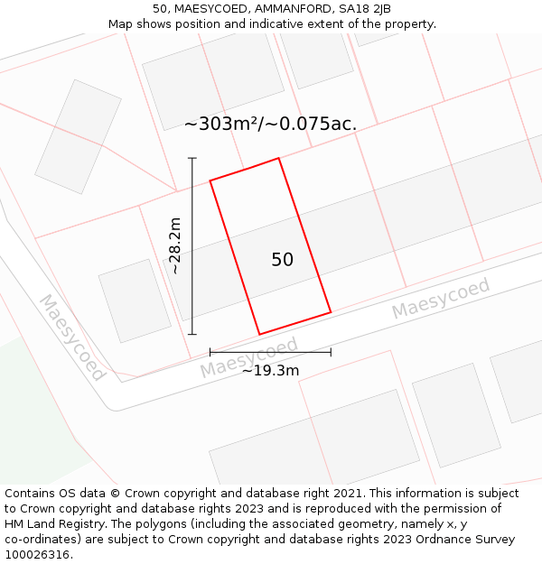 50, MAESYCOED, AMMANFORD, SA18 2JB: Plot and title map