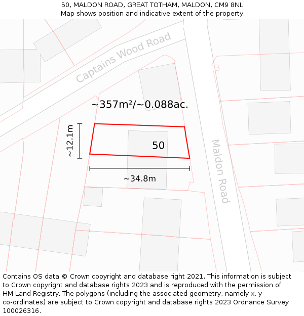 50, MALDON ROAD, GREAT TOTHAM, MALDON, CM9 8NL: Plot and title map