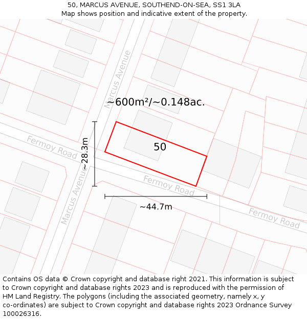 50, MARCUS AVENUE, SOUTHEND-ON-SEA, SS1 3LA: Plot and title map
