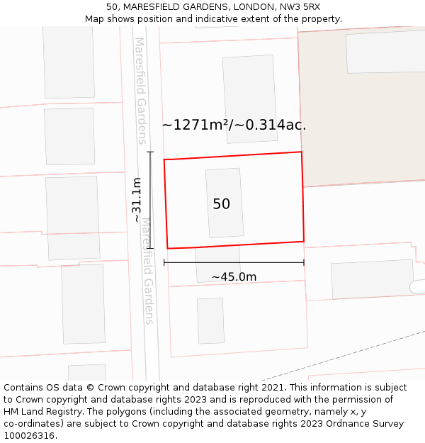 50, MARESFIELD GARDENS, LONDON, NW3 5RX: Plot and title map