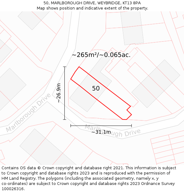 50, MARLBOROUGH DRIVE, WEYBRIDGE, KT13 8PA: Plot and title map