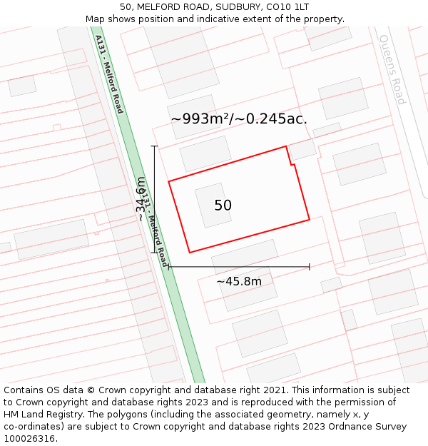 50, MELFORD ROAD, SUDBURY, CO10 1LT: Plot and title map