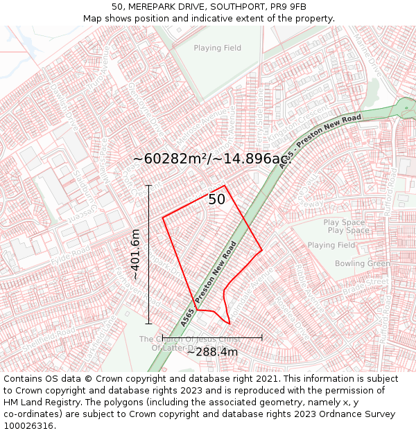 50, MEREPARK DRIVE, SOUTHPORT, PR9 9FB: Plot and title map