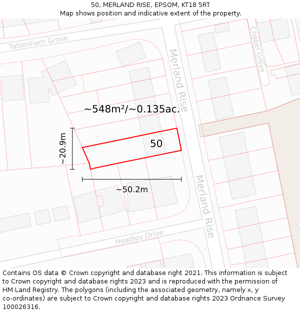 50, MERLAND RISE, EPSOM, KT18 5RT: Plot and title map